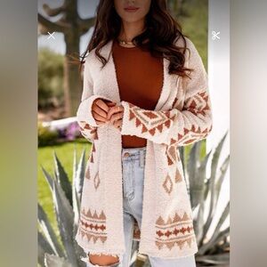 Cream and Brown Geometric Pattern Cardigan